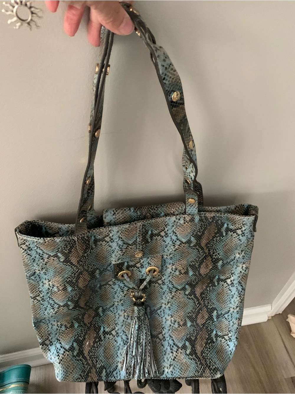 Aimee Kestenberg Blue and Brown Snake-Print Tote with Tassel